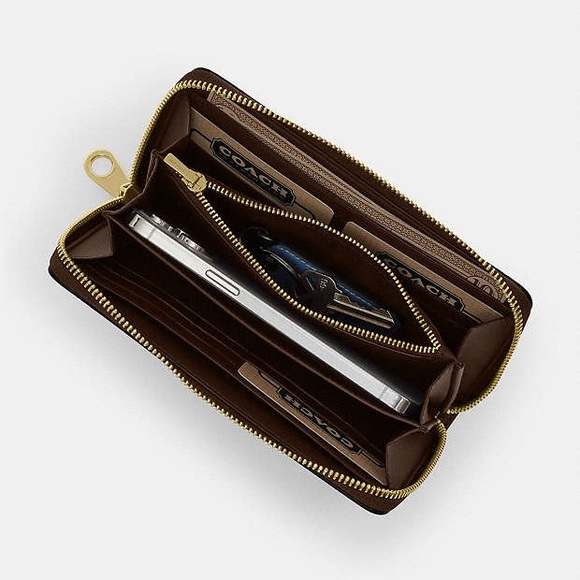 Coach Long Zip Around Wallet In Signature Canvas Brown/ Black - Picture 2 of 10